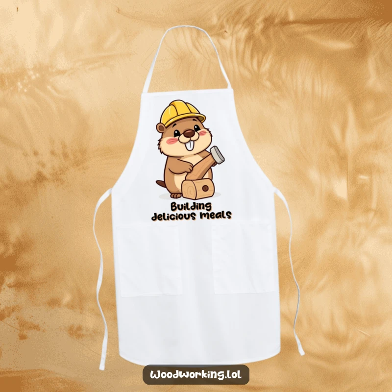 Funny apron showing a happy beaver wearing a tiny hard hat, hammering a charmingly wonky wooden toy.
