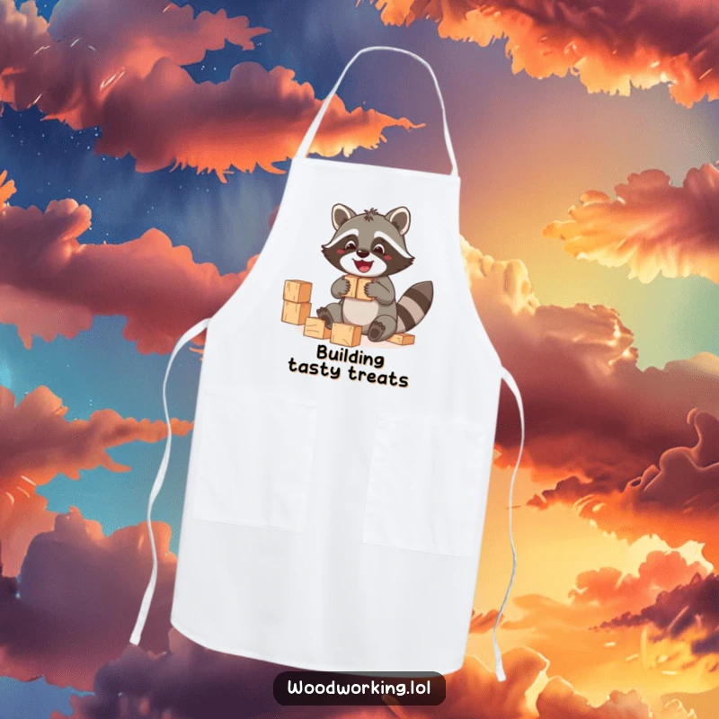 Funny Raccoon Apron: A jolly raccoon wearing an apron, building blocks, a funny gift.