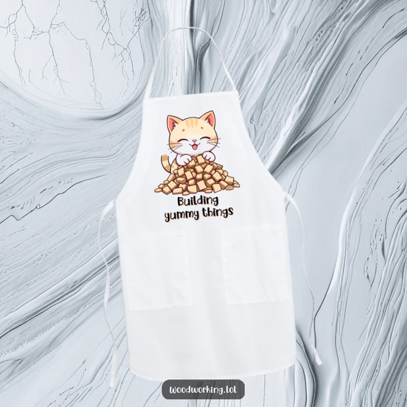 Funny cat apron featuring a happy cat carefully placing wood chips into a pile, perfect for detailed crafting sessions.