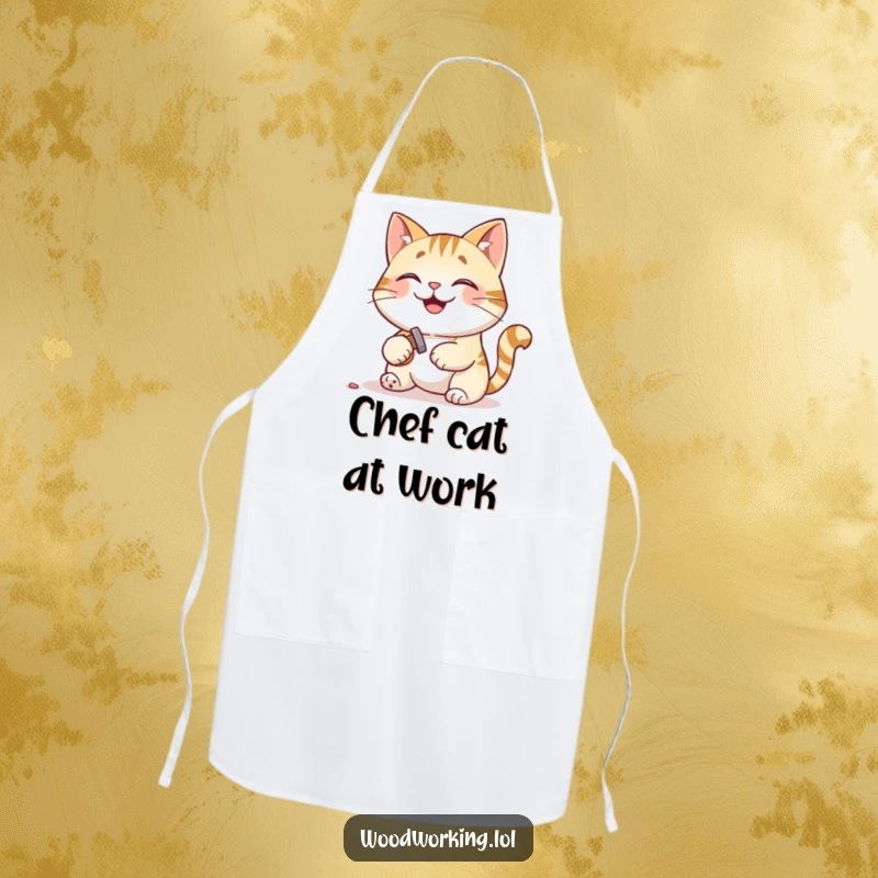 Funny apron with a pleased cat hammering a tiny nail, adding humorous DIY flair to the kitchen.