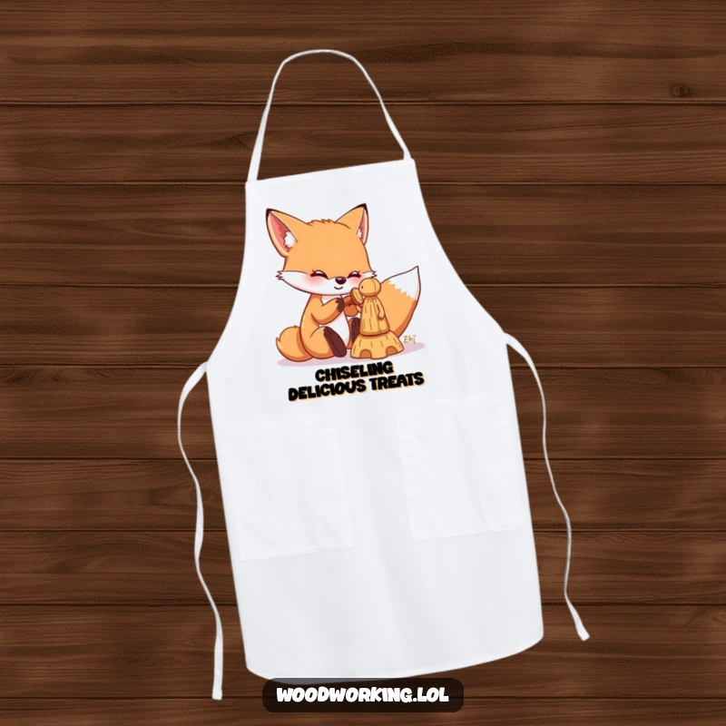 Funny fox apron showing a playful fox chiseling a wooden figure, perfect for protecting clothes during woodworking projects.