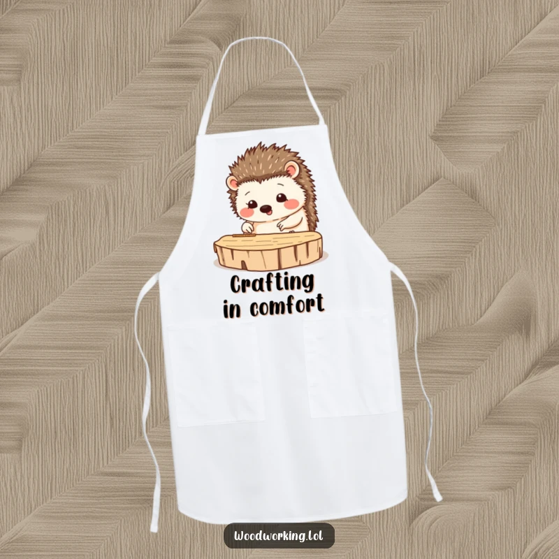Funny apron with a happy hedgehog carefully measuring wood, adding humorous precision to crafting or cooking.