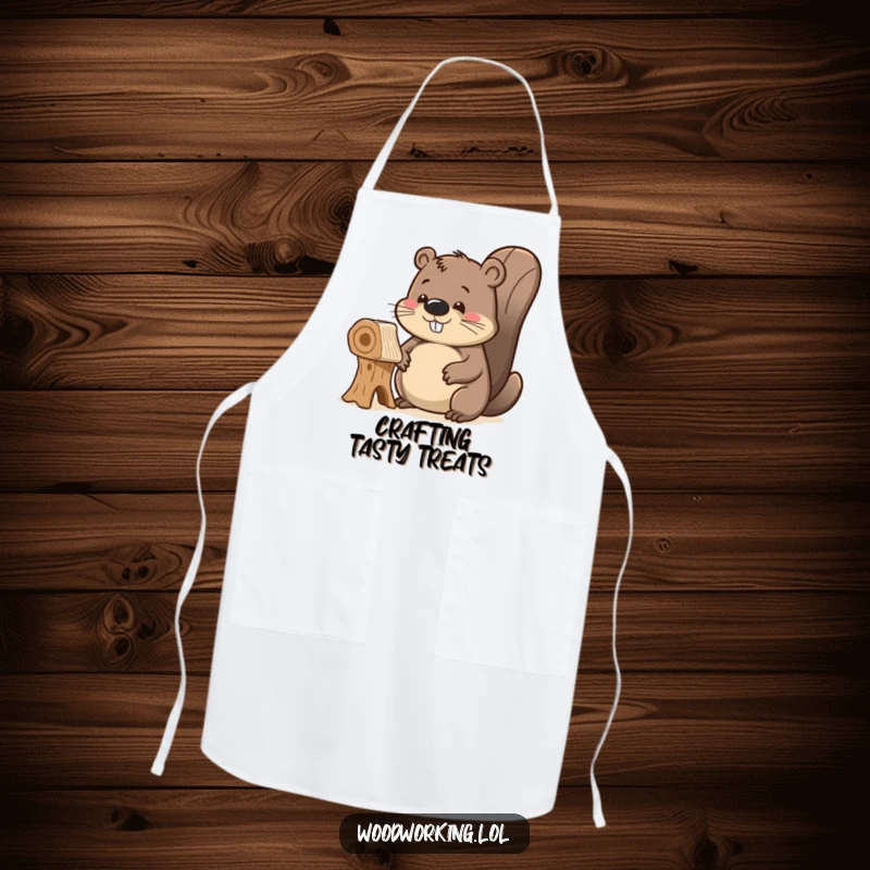 Funny delighted beaver apron, proudly admiring its unfinished wooden creation, ideal for cooks who take pride in their work and enjoy a good design.