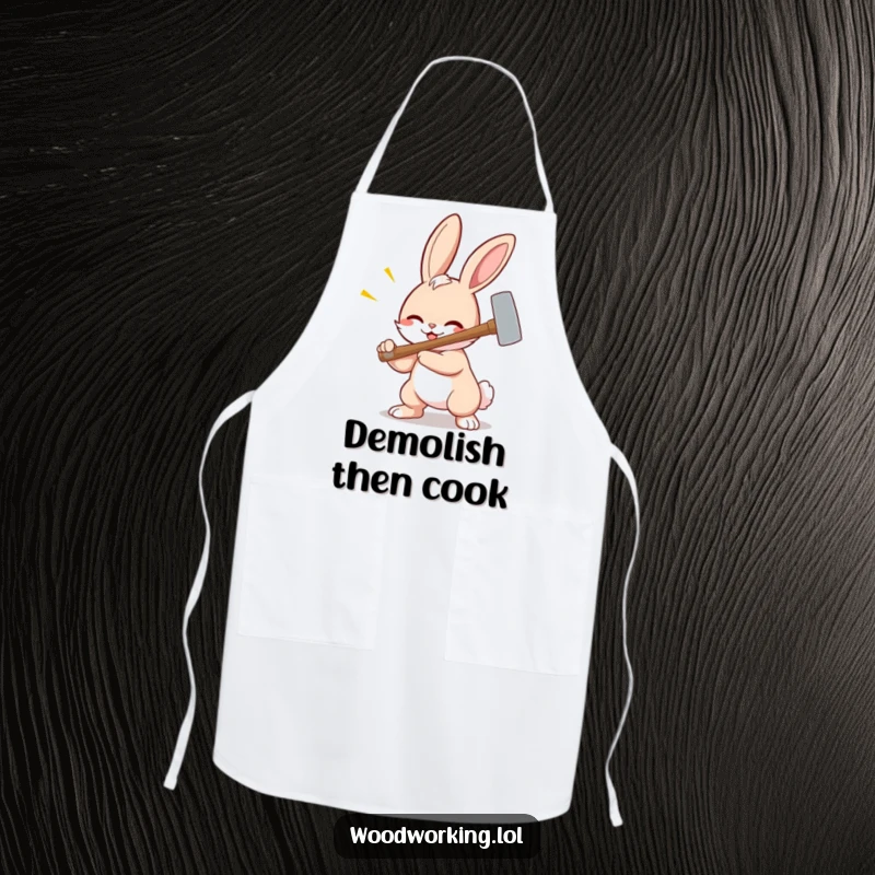 Funny bunny apron, a smiling cartoon bunny wielding a hammer, ready for kitchen chaos or DIY projects.