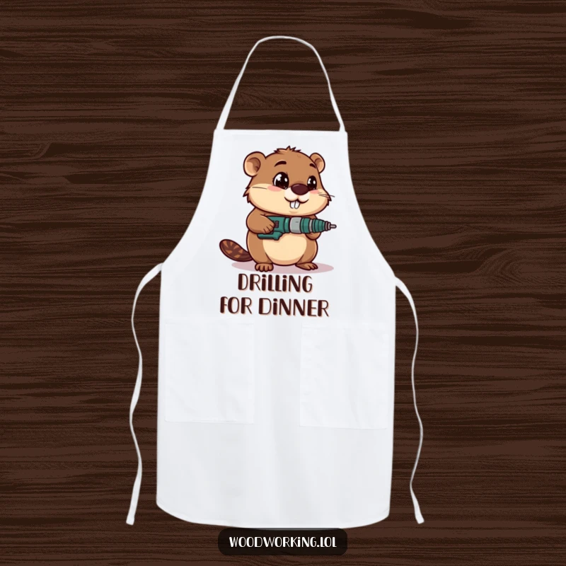 Funny apron depicting a determined beaver with wide-eyed concentration using a drill, ideal for builders and crafters.
