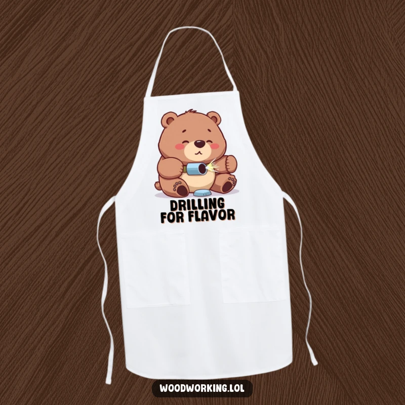 Funny bear apron, proud expression, concentrated look drilling a hole, bringing a humorous and industrious vibe to tasks.