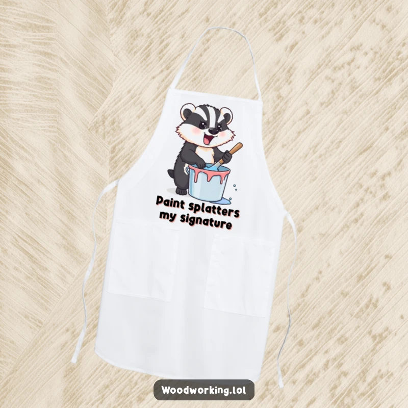 Funny badger wearing an apron, vigorously stirring paint, ready for creative endeavors, making this a functional and humorous kitchen accessory.