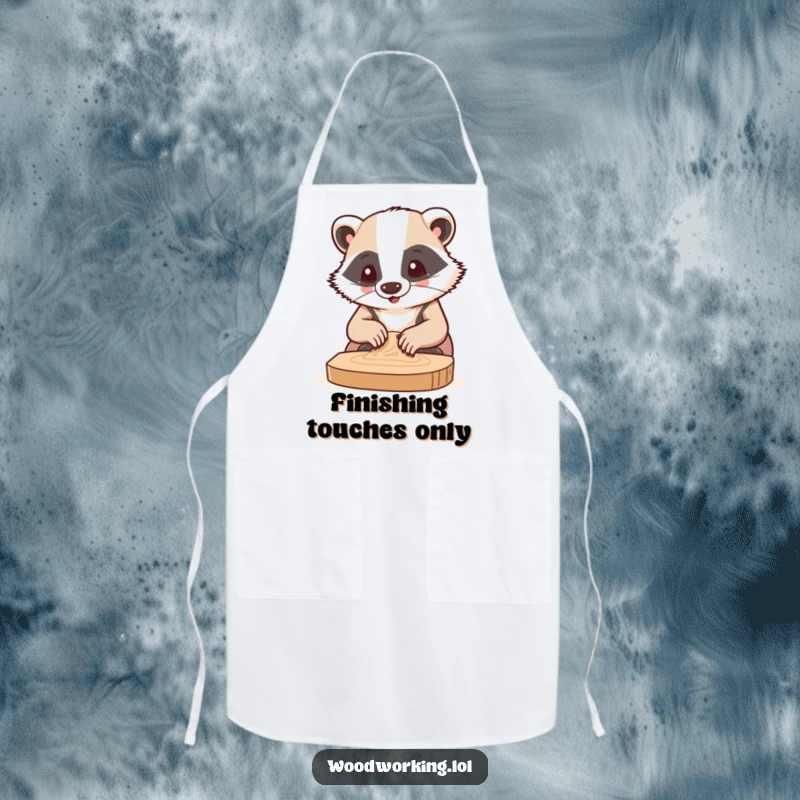 Funny apron depicting a happy badger with intense concentration sanding wood, ideal for chefs and DIY enthusiasts.