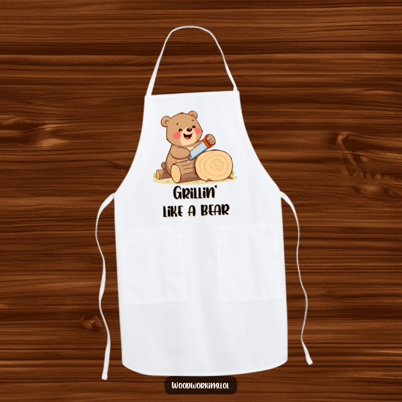 Funny bear apron showing a happy, large brown bear enthusiastically sawing a log with a tiny handsaw, a humorous kitchen accessory.