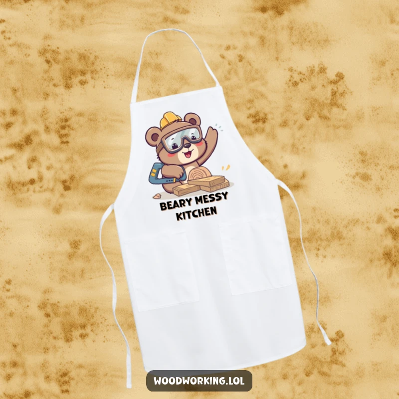Funny happy bear wearing safety goggles and sawing wood, woodworking apron, a funny gift.