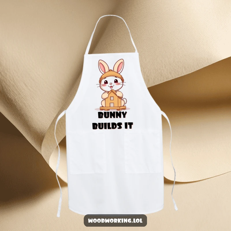 Funny apron showing a brave rabbit with a smile, diligently assembling a small wooden structure, ready for kitchen tasks.