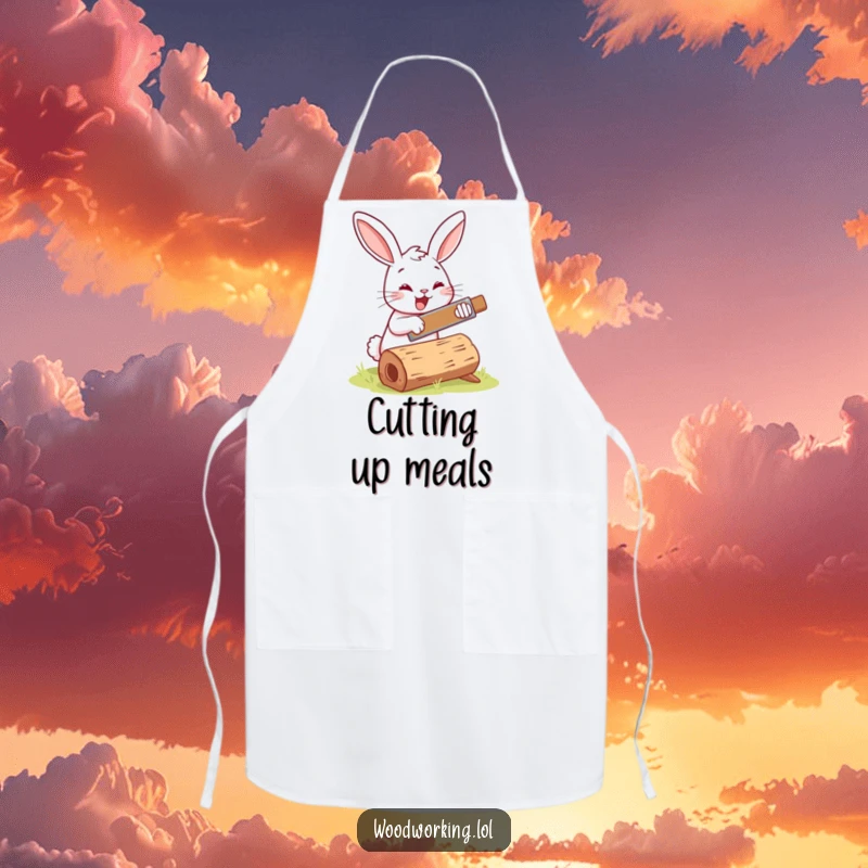 Funny bunny woodworker apron, cheerfully sawing a log with a tiny saw, ensuring a clean and humorous experience.