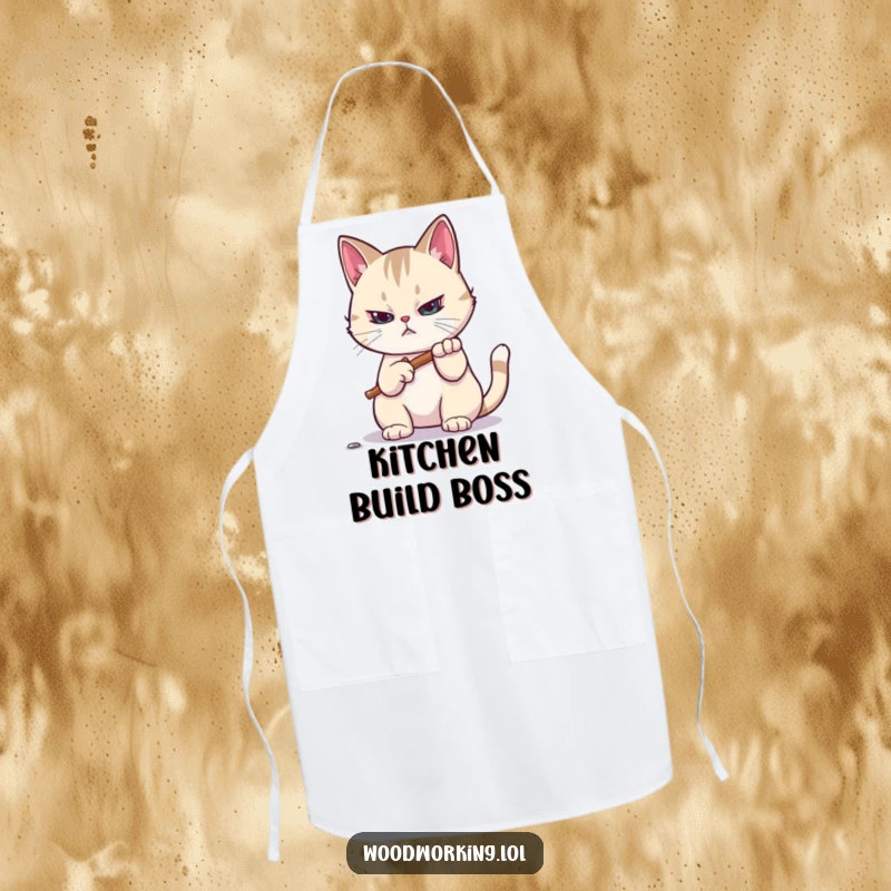 Funny apron: A focused cat hammers a tiny nail, a humorous design for DIY enthusiasts and cat lovers as a gift.