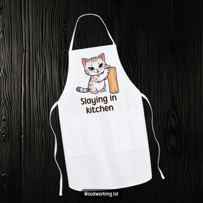 Funny cat apron, a determined cat sharpening its claws on a wooden post, ready for any culinary challenge with feline grace.