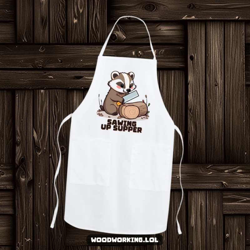 Funny apron showing a cheerful badger expertly sawing a log with a tiny saw, great for a humorous gift.