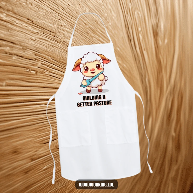 Funny apron showcasing a cheerful, focused sheep using a screwdriver, ideal for kitchen tasks and adding a humorous touch to cooking.