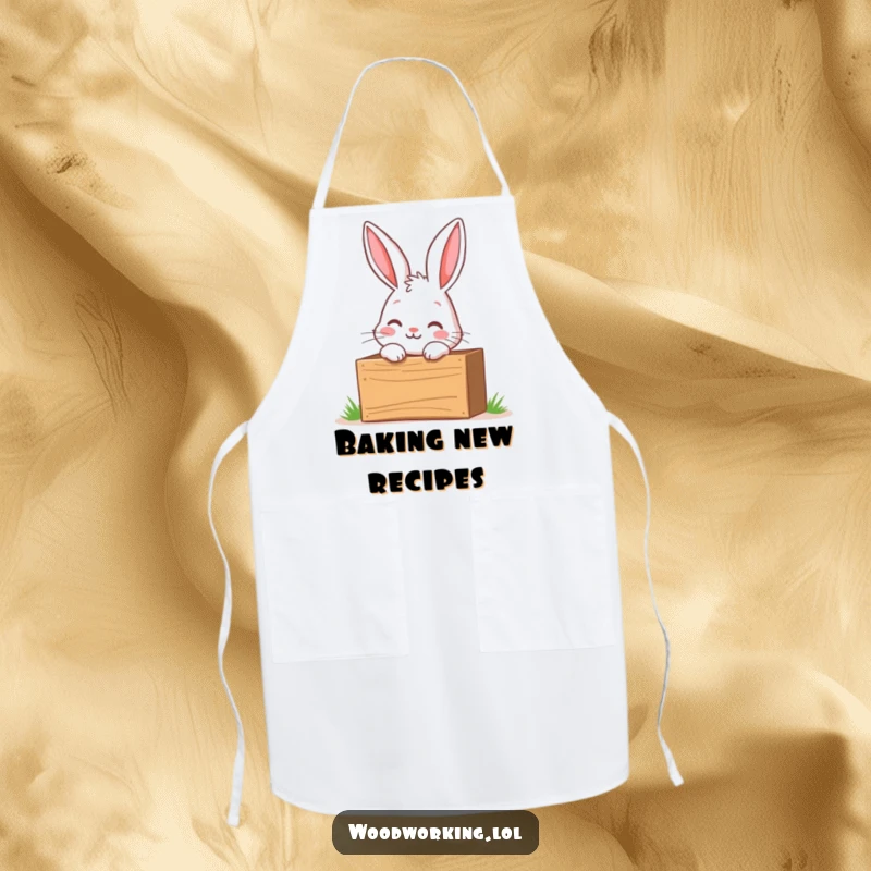 Funny apron showing a curious bunny peering into a wooden toolbox with excitement, ready for culinary adventures.