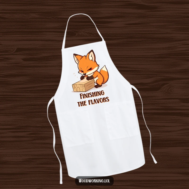 Funny apron showing a determined fox intensely sanding a wooden plank, practical for a humorous gift.