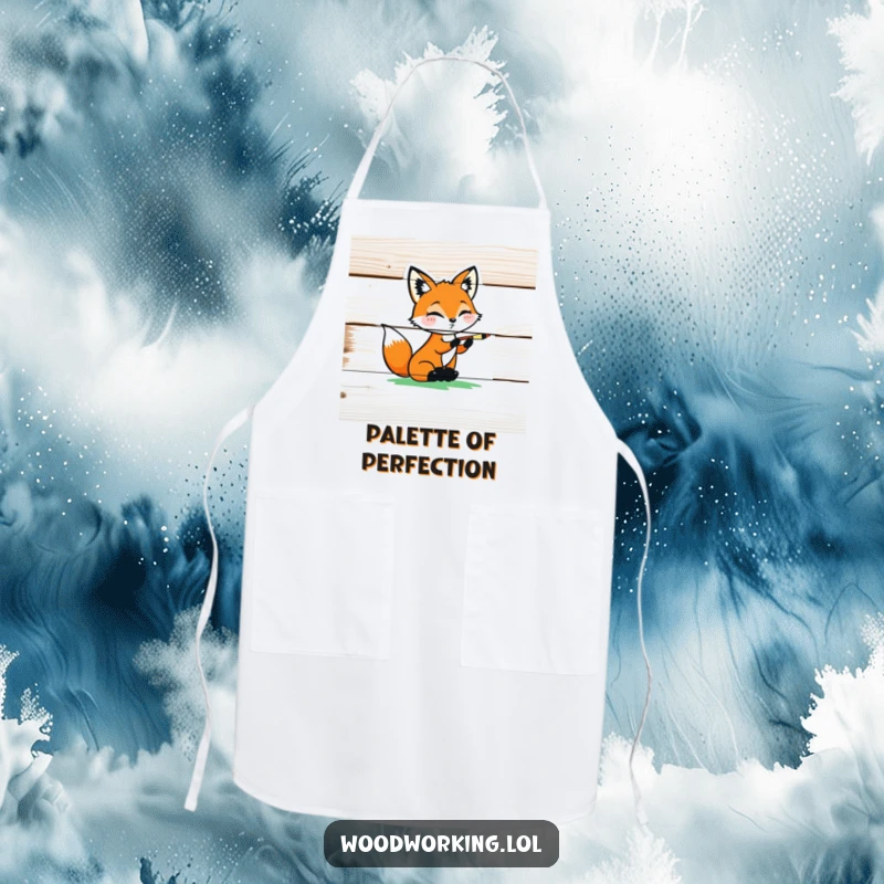 Funny playful fox carefully painting a colorful design on a wooden plank, perfect for a kitchen apron.