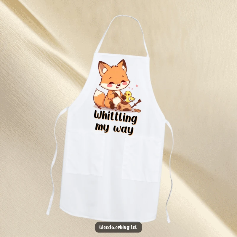 Funny fox wearing an apron, skillfully carving a wooden bird, ready for crafting, making this a functional and humorous workshop accessory.