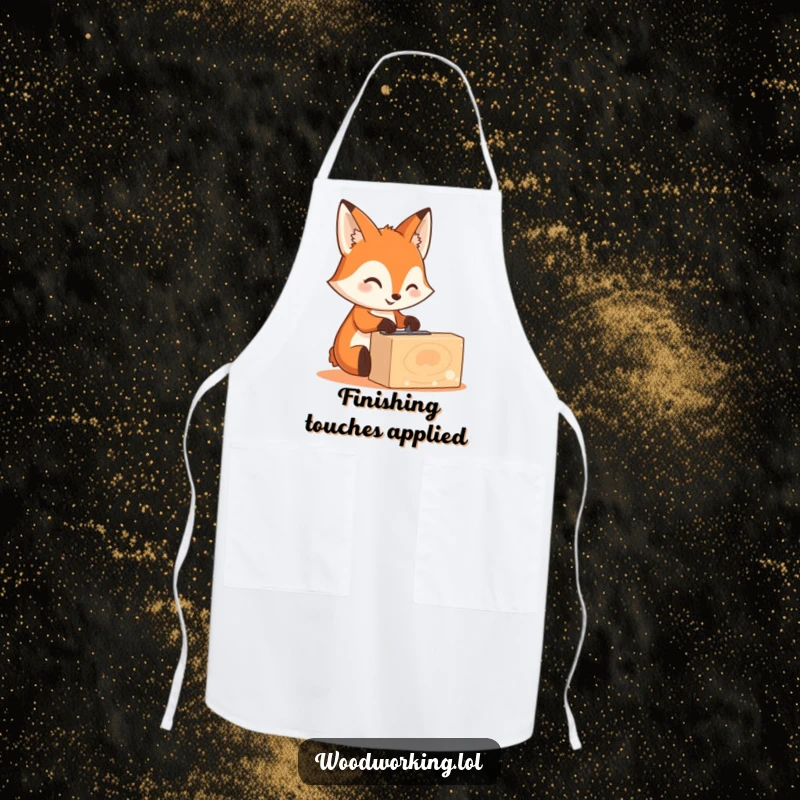Funny cute fox wearing safety goggles and sanding wood, woodworking apron, a funny gift.