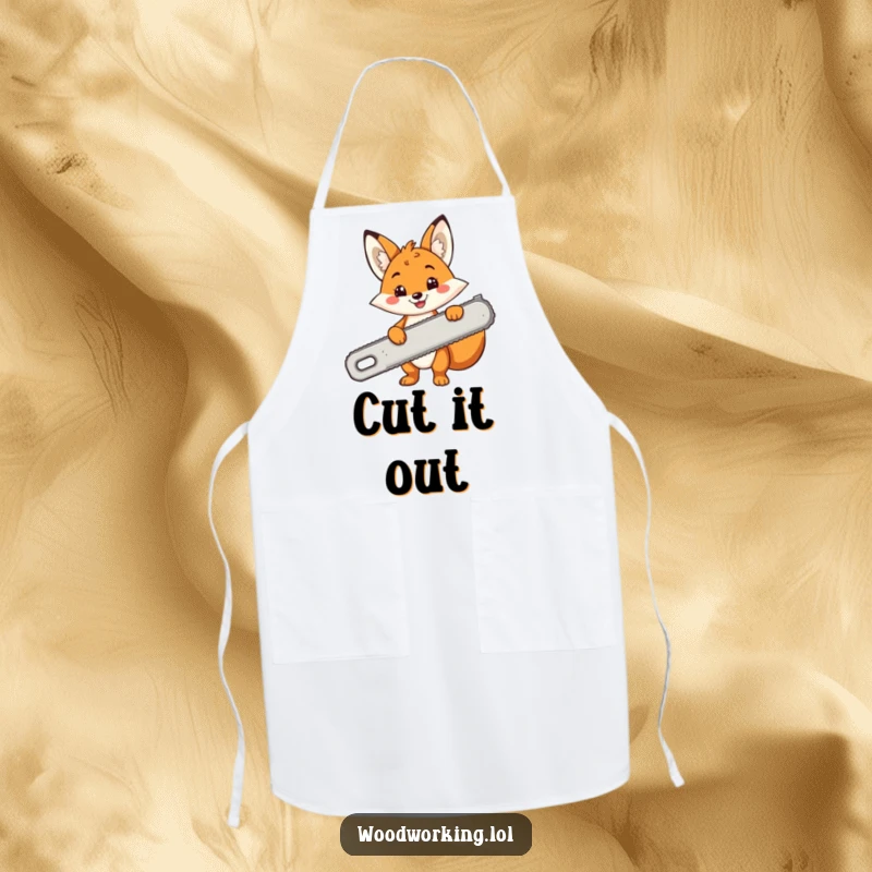 Funny apron with a cheerful cartoon fox smiling and holding a comically large saw, practical and amusing.