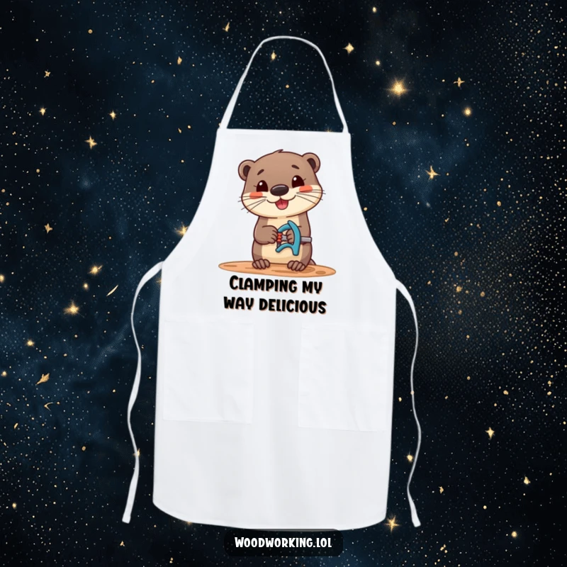 Funny apron featuring a cheerful otter using a clamp on wood, perfect for cooking or crafting adventures.