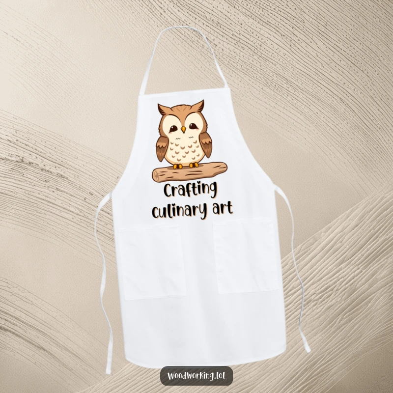 Funny apron showing a proud owl meticulously sanding wood, perfect for a dedicated woodworker.