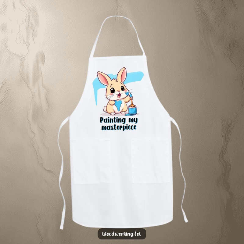 Funny rabbit apron showing a surprised bunny covered in blue paint, perfect for protecting clothes during messy art projects.