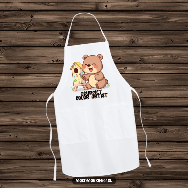 Funny apron showing a giggling bear excitedly painting a colorful birdhouse, great for a humorous art gift.