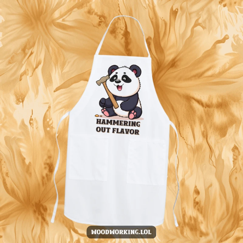 Funny panda carpenter apron, playfully hammering a nail with a large hammer, providing protection with humor.