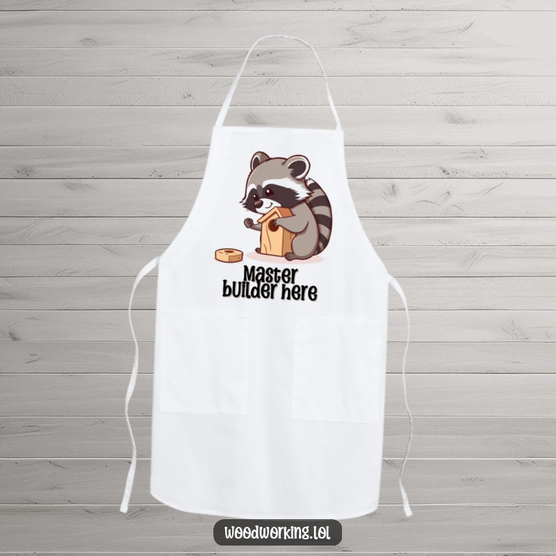 Funny raccoon meticulously sanding a small wooden birdhouse with a smile, depicted on a kitchen apron.