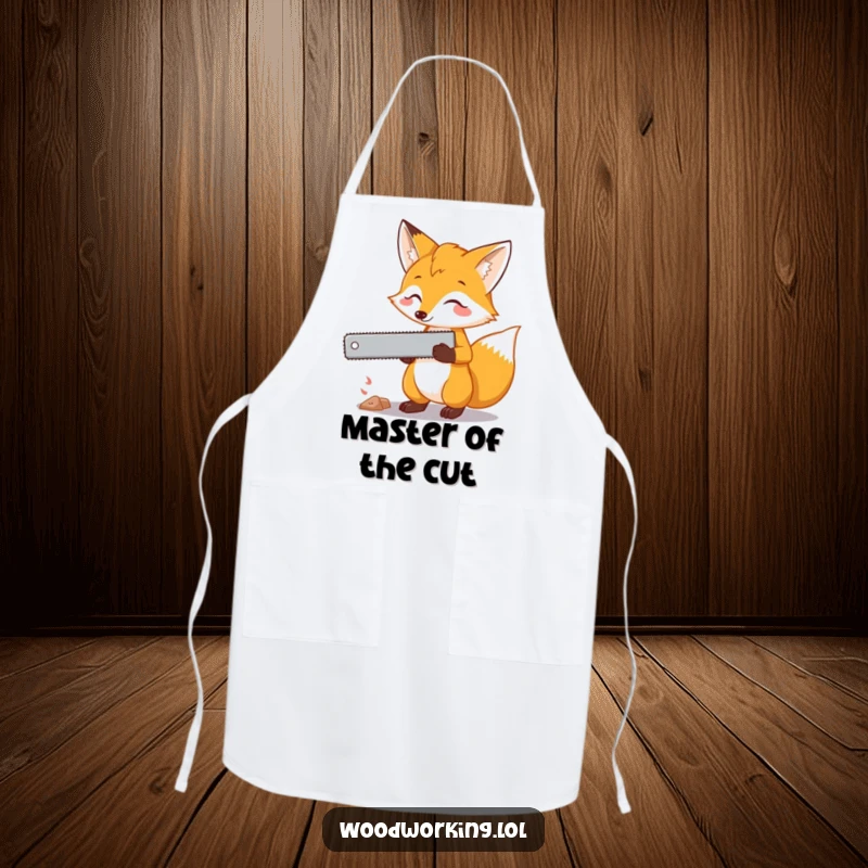 Funny fox apron with a curious fox holding a saw, ideal for cooks who appreciate planning and humorous precision.