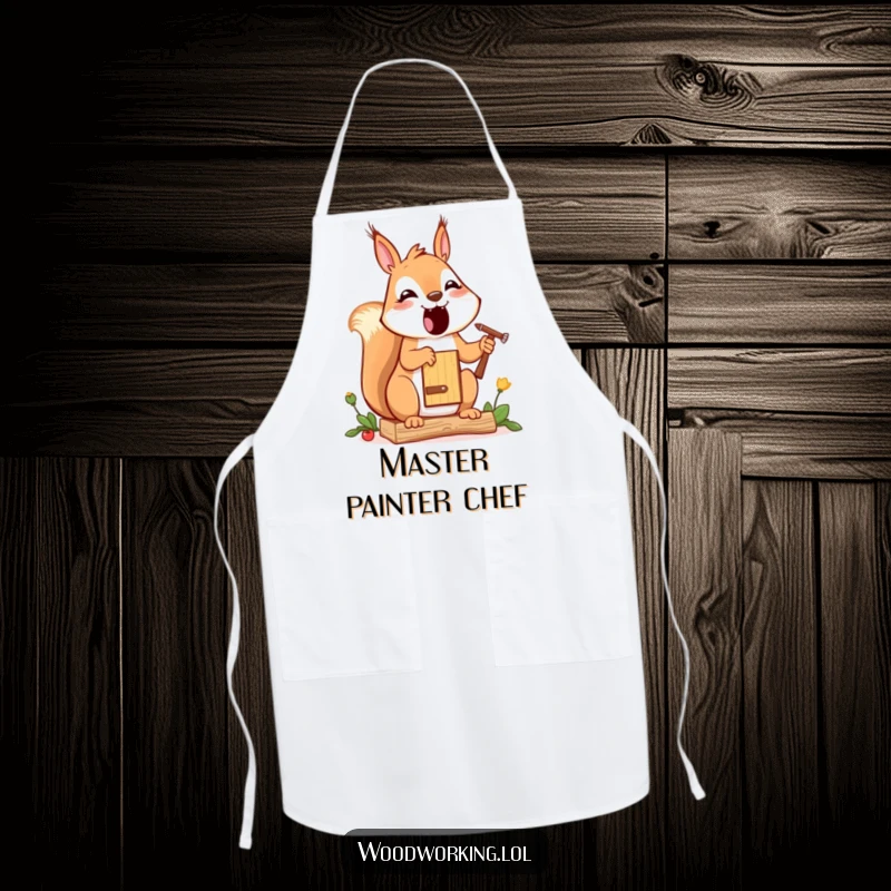 Funny squirrel apron, a cheerful cartoon squirrel painting a small birdhouse, ideal for messy creative endeavors.