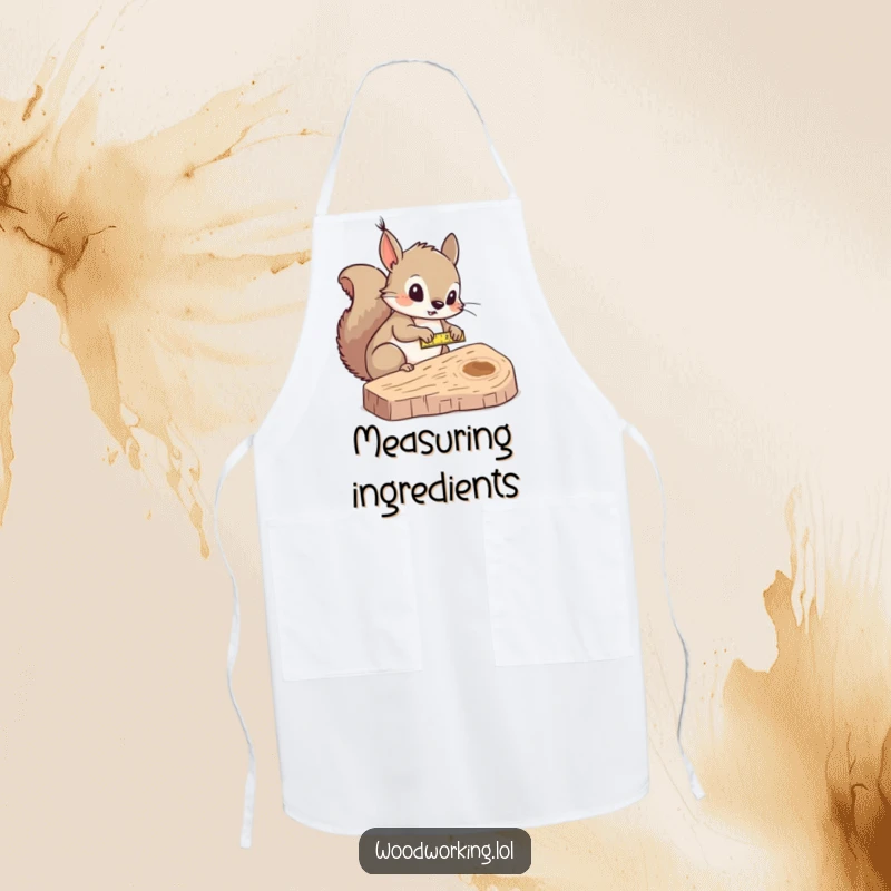 Funny squirrel measurer apron, curiously measuring wood with a tape measure, providing protection with humor.