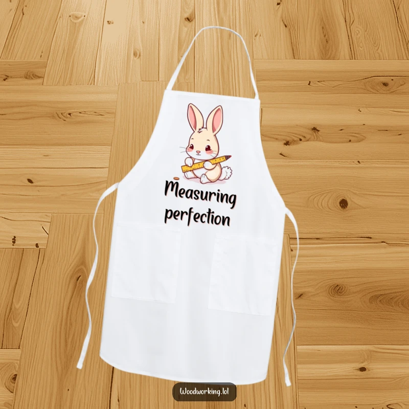 Funny apron depicting a curious rabbit carefully measuring wood with a ruler and pencil, ideal for crafters.
