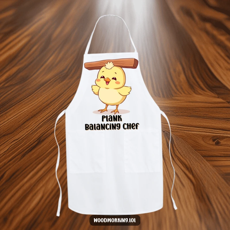 Funny apron with a giggling chick balancing a wood plank on its head, great for cooking or baking.