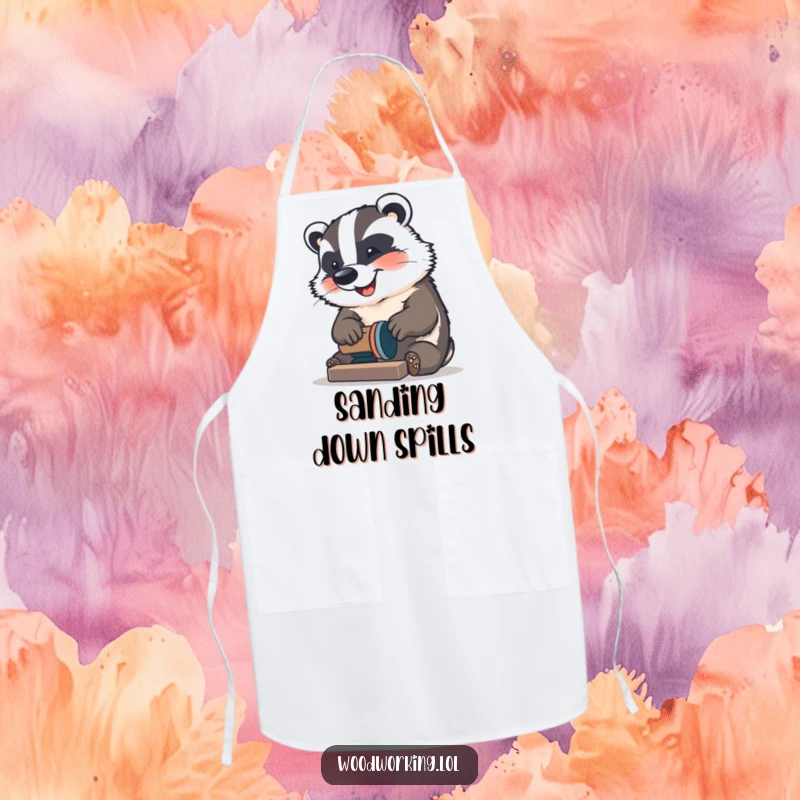 Funny Badger Apron: A happy badger wearing an apron, sanding wood, a funny gift.
