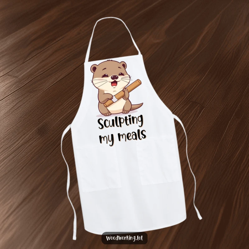 Funny otter apron, giggling expression, using a chisel with dexterity, bringing a humorous and artistic vibe to creative tasks.