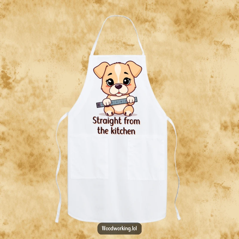 Funny puppy apron, a cartoon puppy holding a spirit level with a seriously focused expression, ready for DIY.