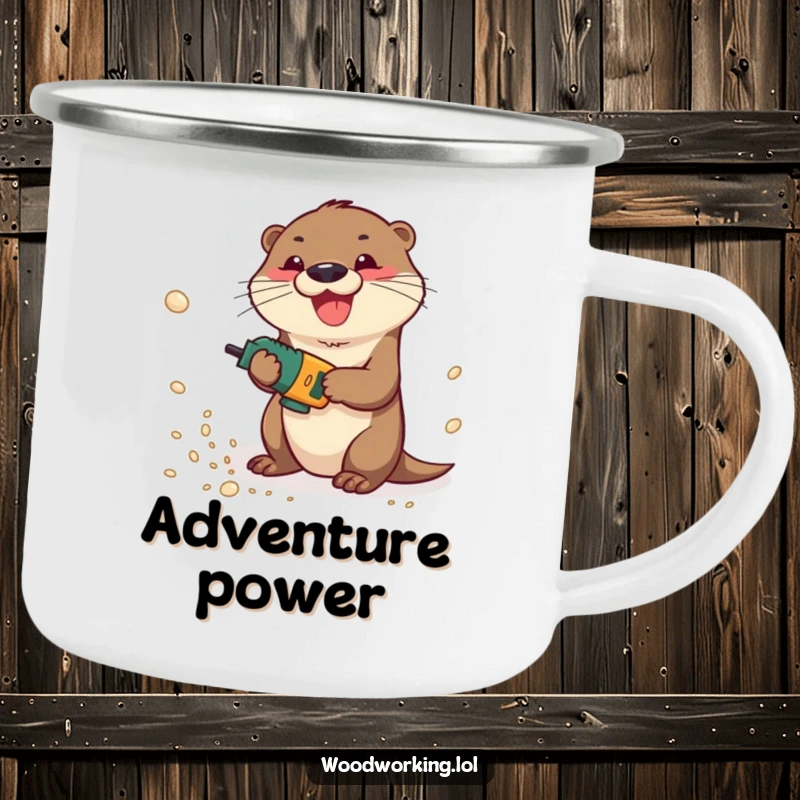 Funny otter gleefully operating a power drill, creating sawdust clouds, printed on a rustic camping mug.