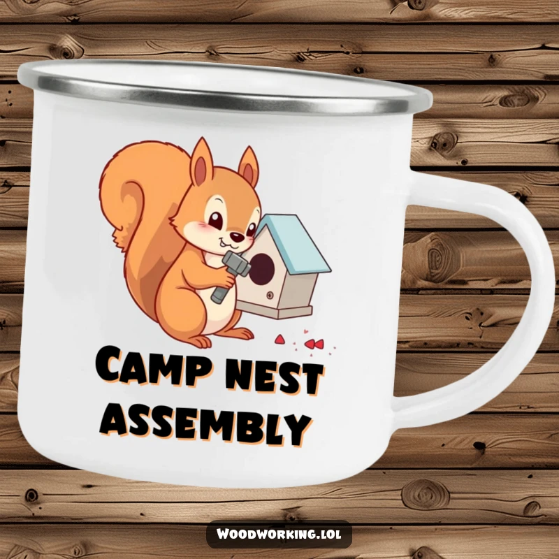 Funny determined squirrel hammering nails into a tiny birdhouse, perfect for a camping mug.