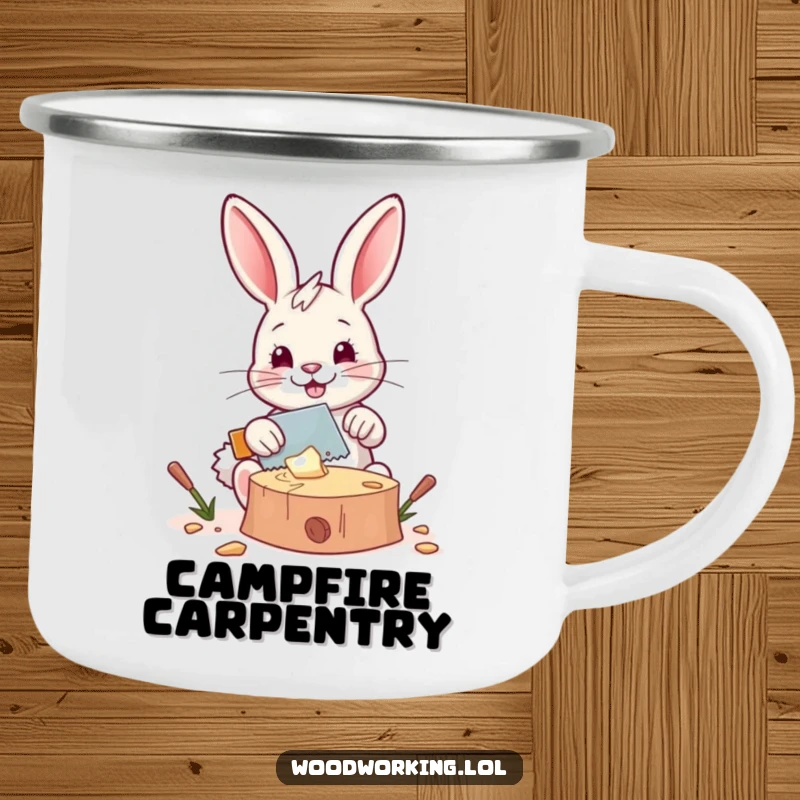 Funny camping mug: A happy bunny saws wood with a tiny saw in an outdoor setting, bringing humorous DIY vibes to camping trips.