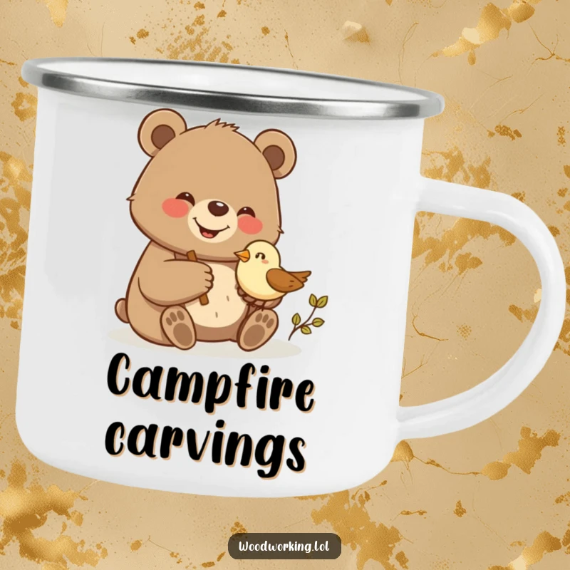Funny bear proudly carving a small wooden bird, perfect for this durable camping mug for creative outdoor enjoyment.