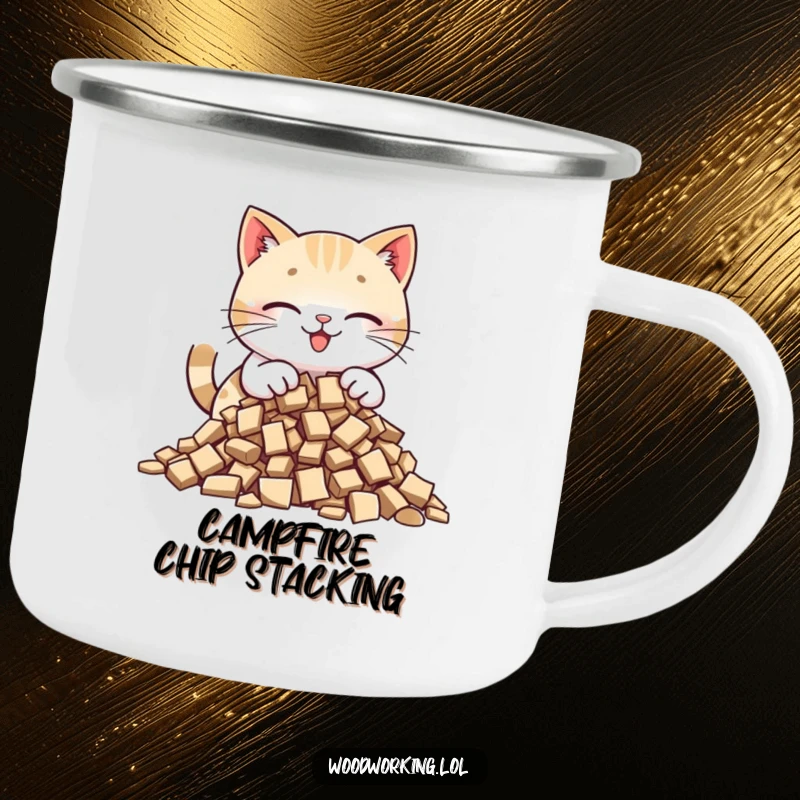 Funny cat camping mug showing a happy cat carefully placing wood chips into a pile, perfect for planning outdoor crafting projects.