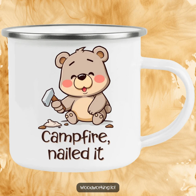 Funny camping mug with a determined cartoon bear happily hammering a crooked nail, for outdoor enthusiasts.
