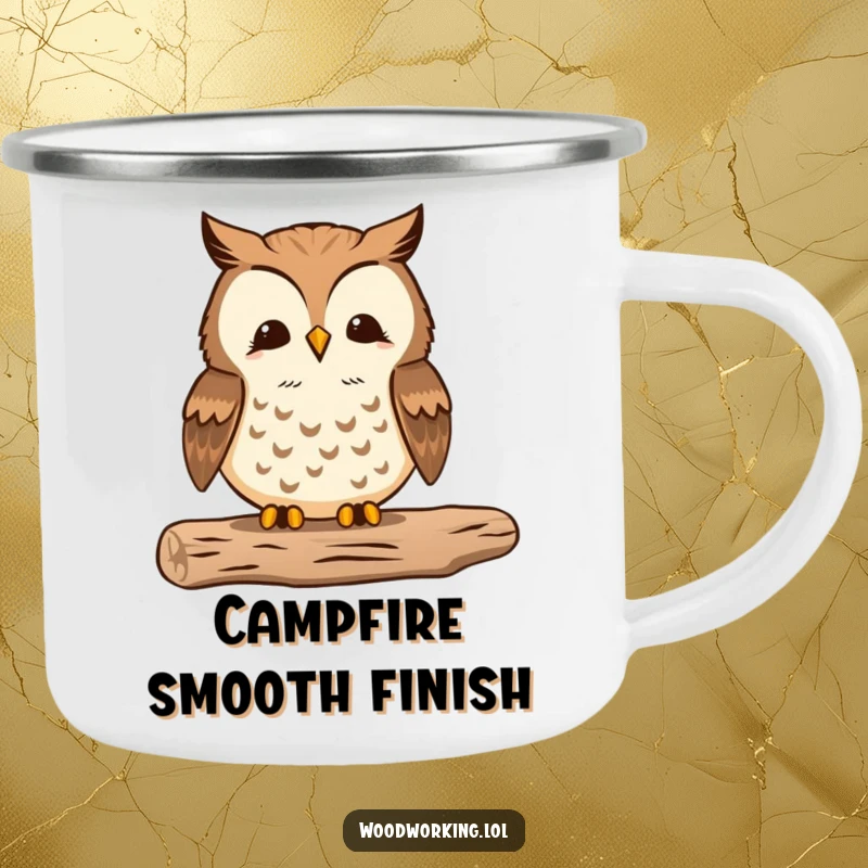 Funny camping mug showing a proud owl meticulously sanding wood, ready for work and adventure.