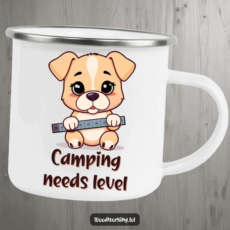 Funny puppy camping mug, a cartoon puppy holding a level with a serious expression, designed for outdoor precision and humor.