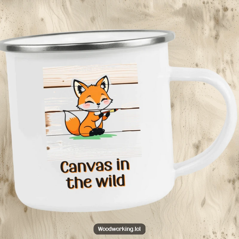 Funny playful fox carefully painting a colorful design on a wooden plank, perfect for a camping mug.