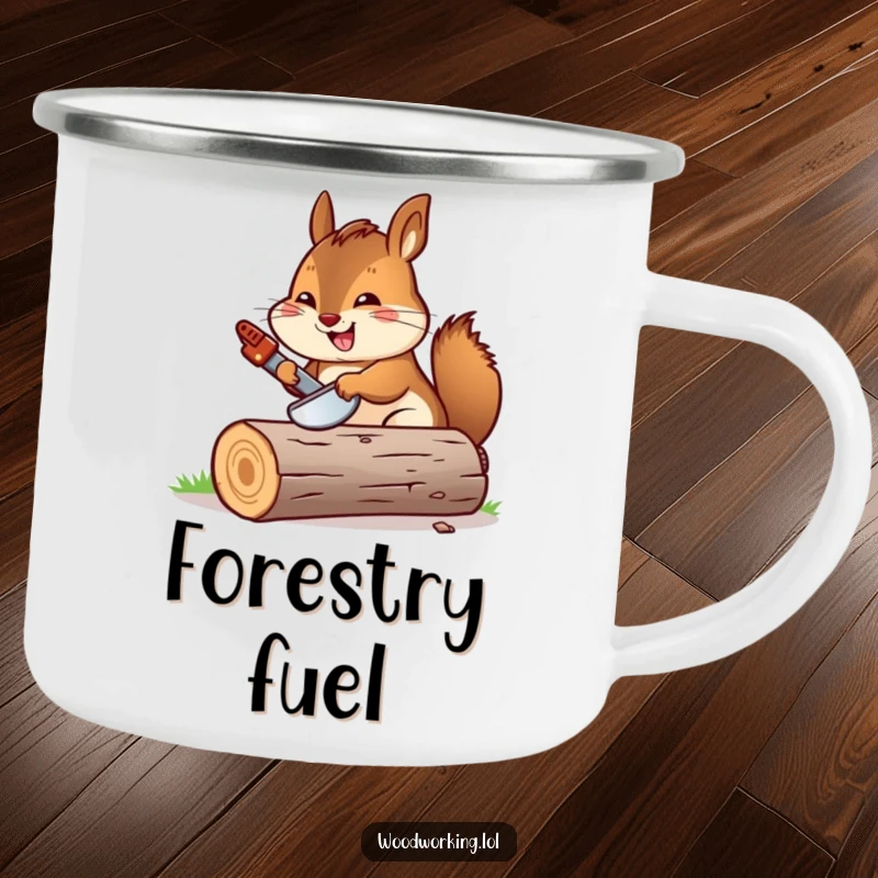 Funny chipmunk sawing a log with a miniature saw, printed on a rustic camping mug for outdoor humor.